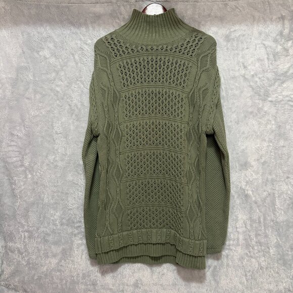 RTA Mock Turtleneck Chunky Knit Sweater Womens M Green Open Stitch Cable Knit - Picture 4 of 8